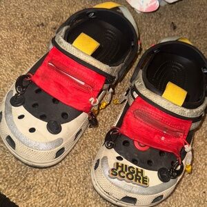 CROCS Red and Black Loafers with Yellow Accents